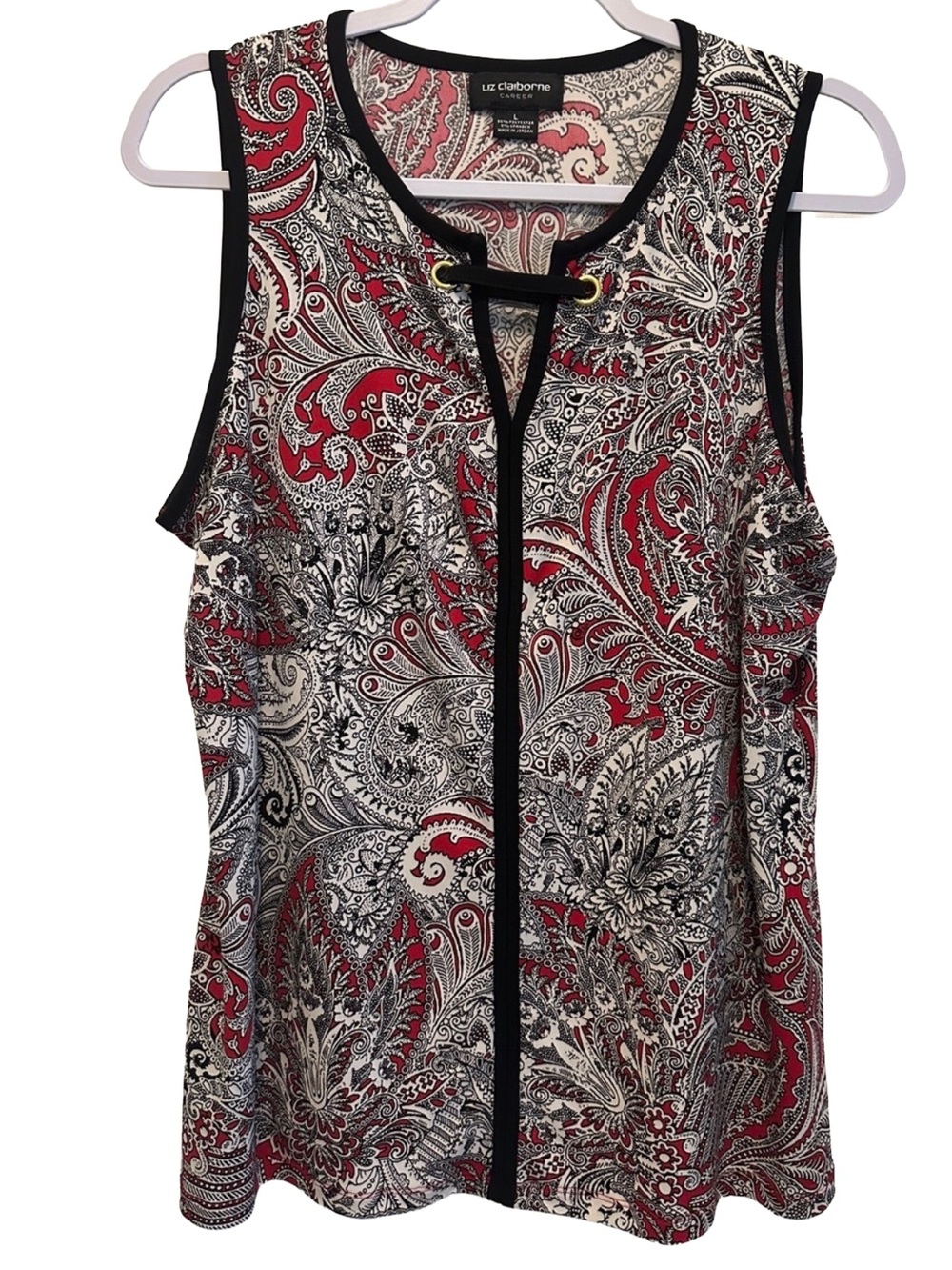 Liz Claiborne Red, Black & White Paisley Sleeveless Tank with Grommet Detail